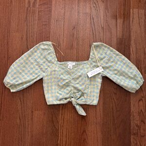 NWT Kirious los angeles green and yellow gingham cropped puff sleeve blouse
